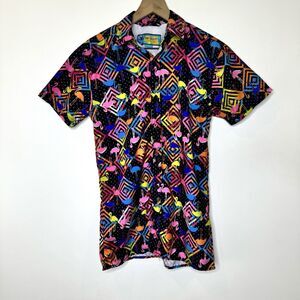 Retro Surf Society Swimwear Shirt Small 80’s Style Flamingo Neon Print, Vented